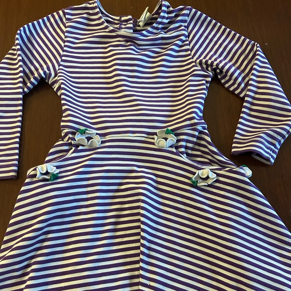Florence Eismen Purple and White Striped Dress with Floral Accents